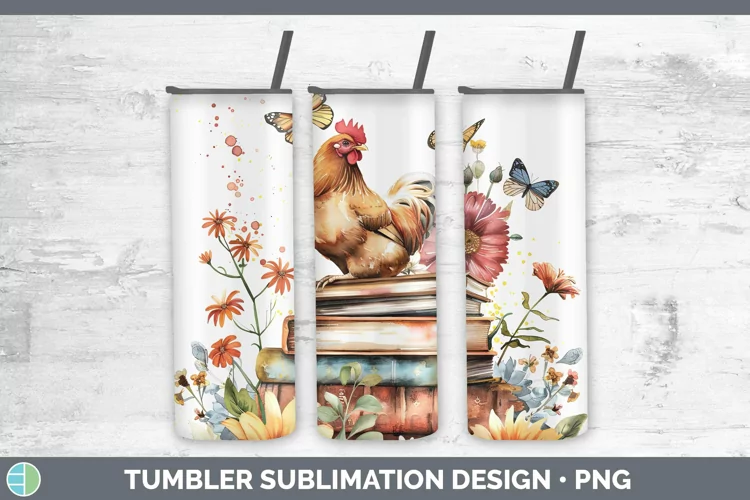 Watercolor Books Chicken Tumbler Sublimation 20 oz Skinny Tu