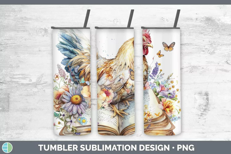 Watercolor Books Chicken Tumbler Sublimation 20 oz Skinny Tu
