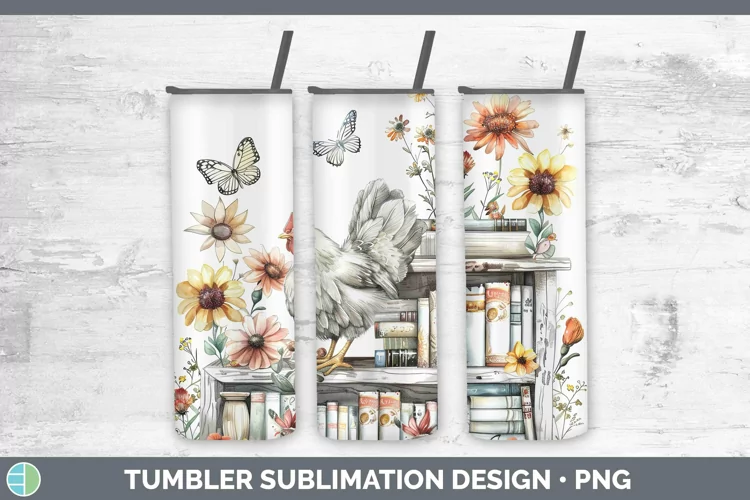 Watercolor Books Chicken Tumbler Sublimation 20 oz Skinny Tu
