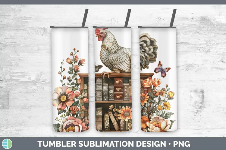 Watercolor Books Chicken Tumbler Sublimation 20 oz Skinny Tu