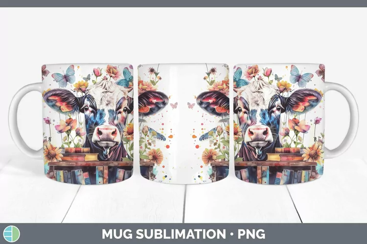 Watercolor Books Cow Mug Wrap Sublimation Coffee Cup Designs