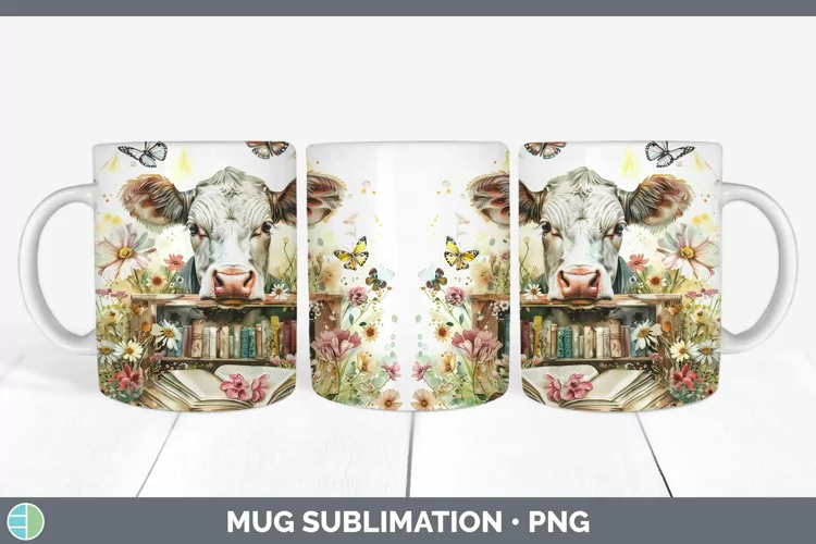 Watercolor Books Cow Mug Wrap Sublimation Coffee Cup Designs