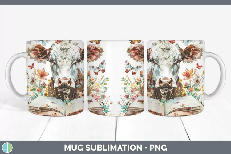 Watercolor Books Cow Mug Wrap Sublimation Coffee Cup Designs
