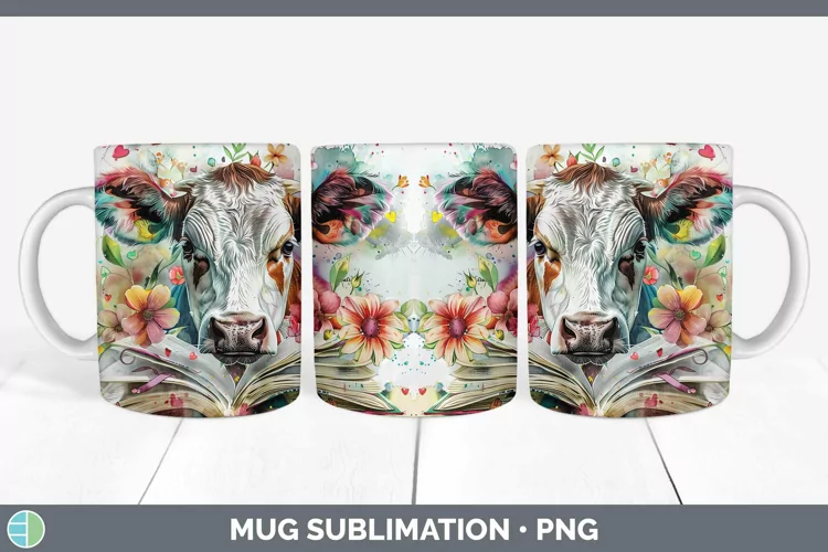 Watercolor Books Cow Mug Wrap Sublimation Coffee Cup Designs