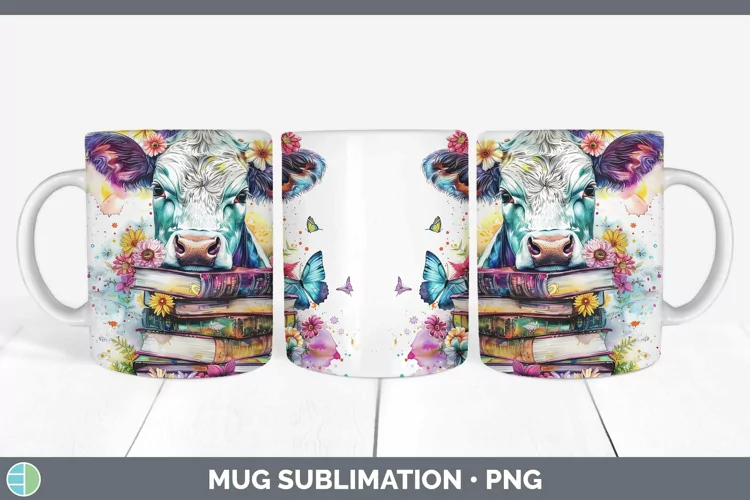 Watercolor Books Cow Mug Wrap Sublimation Coffee Cup Designs