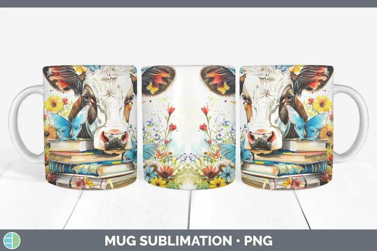 Watercolor Books Cow Mug Wrap Sublimation Coffee Cup Designs