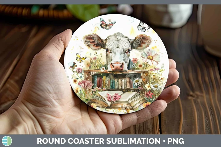 Watercolor Books Cow Round Coaster Sublimation Coaster Desig
