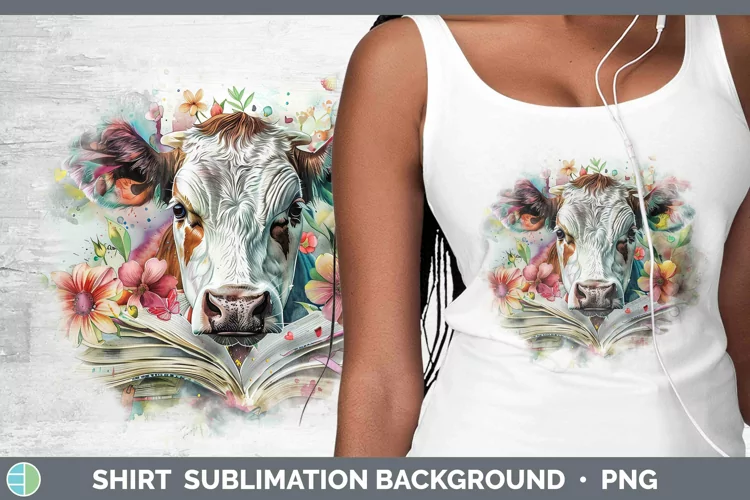 Watercolor Books Cow Shirt Sublimation Sublimation Backgroun
