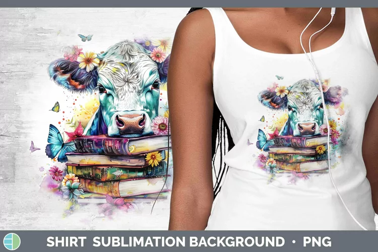 Watercolor Books Cow Shirt Sublimation Sublimation Backgroun