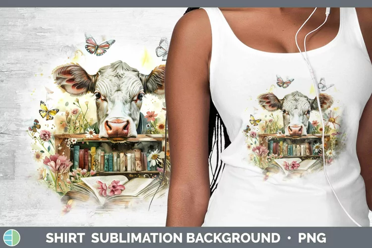 Watercolor Books Cow Shirt Sublimation Sublimation Backgroun