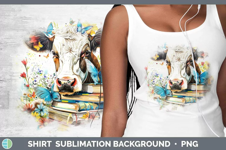 Watercolor Books Cow Shirt Sublimation Sublimation Backgroun
