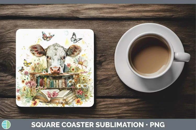 Watercolor Books Cow Square Coaster Sublimation Coaster Desi