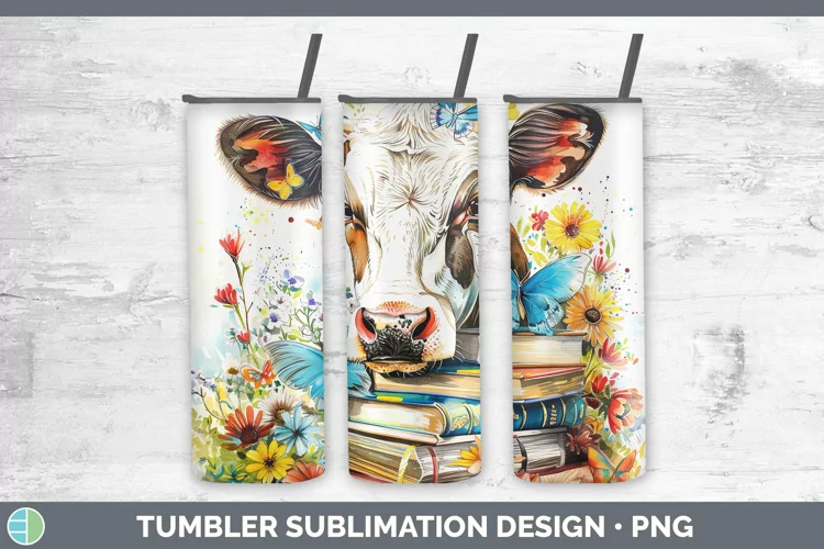 Watercolor Books Cow Tumbler Sublimation 20 oz Skinny Tumble