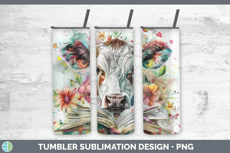 Watercolor Books Cow Tumbler Sublimation 20 oz Skinny Tumble