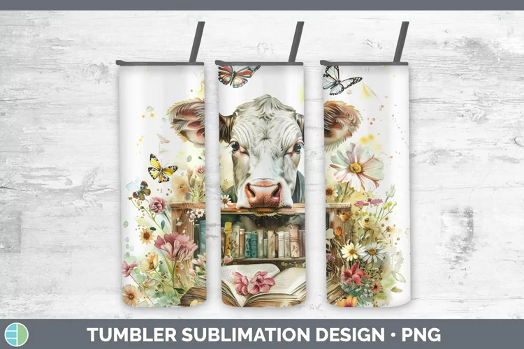 Watercolor Books Cow Tumbler Sublimation 20 oz Skinny Tumble