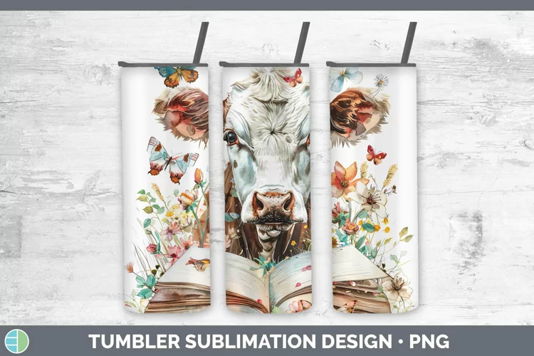 Watercolor Books Cow Tumbler Sublimation 20 oz Skinny Tumble