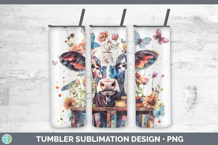 Watercolor Books Cow Tumbler Sublimation 20 oz Skinny Tumble