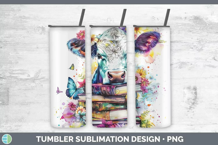 Watercolor Books Cow Tumbler Sublimation 20 oz Skinny Tumble