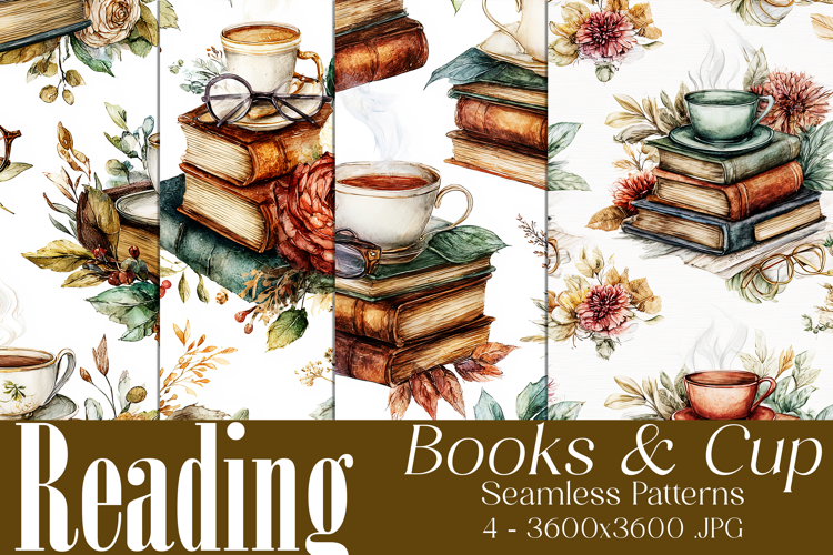 Book Seamless Pattern, Vintage Books, Cup of Tea Patterns s1