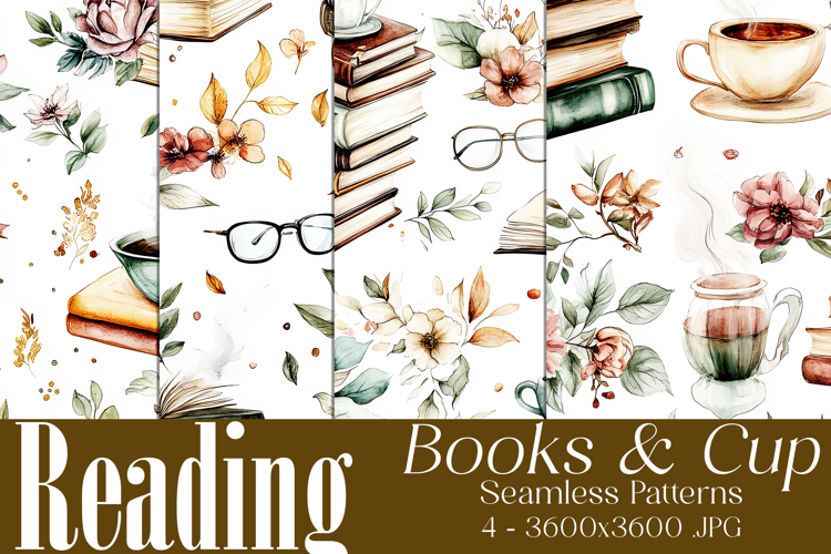 Book Seamless Pattern, Vintage Books, Cup of Tea Patterns s2