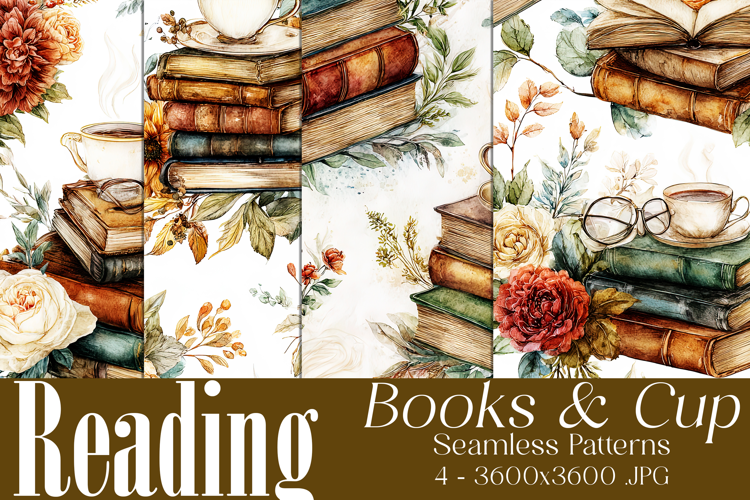 Book Seamless Pattern, Vintage Books, Cup of Tea Patterns s3