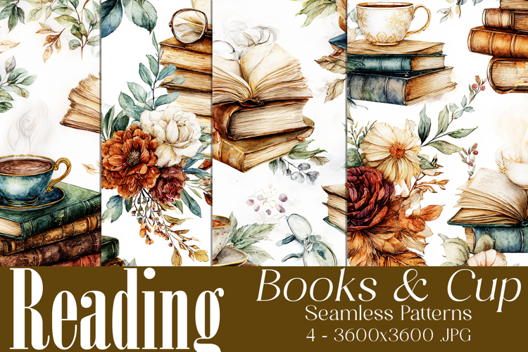 Book Seamless Pattern, Vintage Books, Cup of Tea Patterns s4