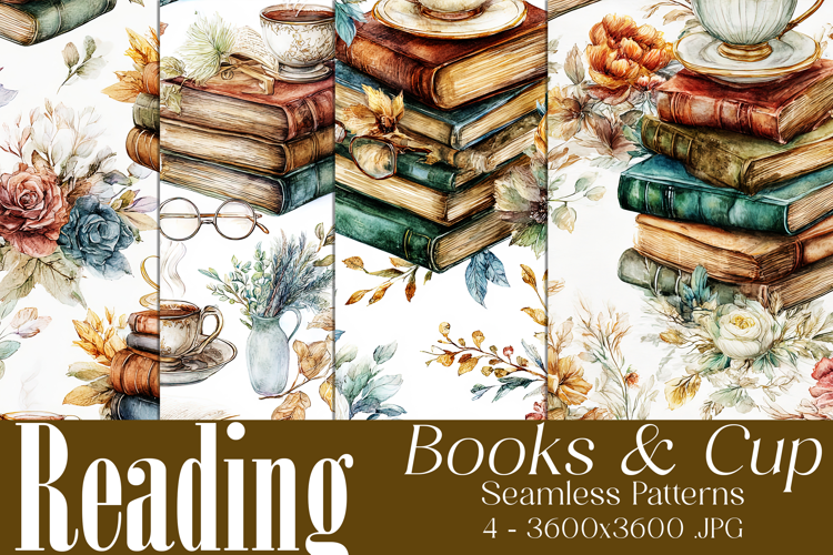 Book Seamless Pattern, Vintage Books, Cup of Tea Patterns s5