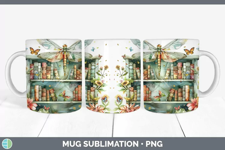 Watercolor Books Dragonfly Mug Wrap Sublimation Coffee Cup D