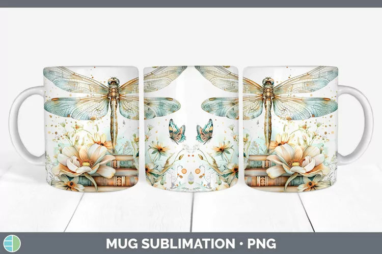 Watercolor Books Dragonfly Mug Wrap Sublimation Coffee Cup D