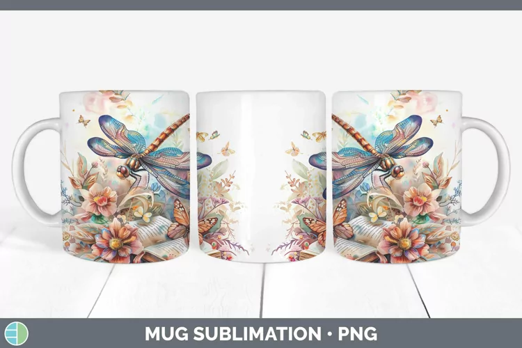Watercolor Books Dragonfly Mug Wrap Sublimation Coffee Cup D