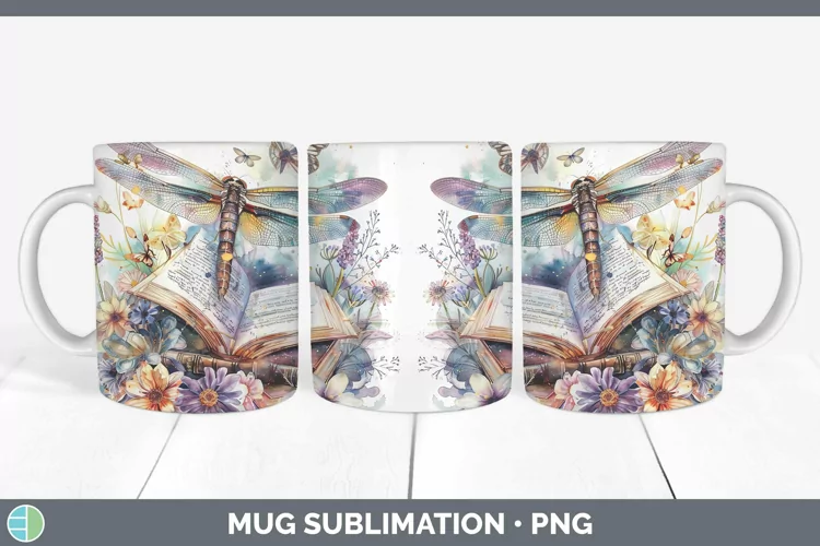 Watercolor Books Dragonfly Mug Wrap Sublimation Coffee Cup D