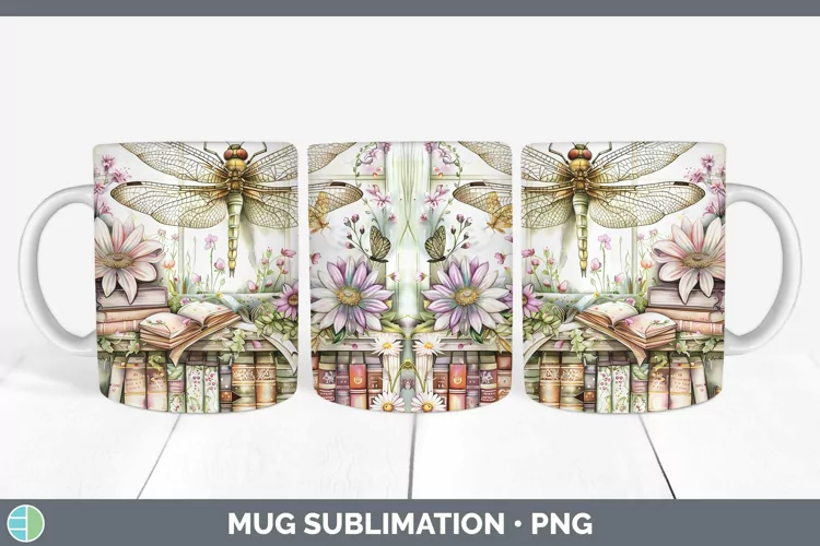 Watercolor Books Dragonfly Mug Wrap Sublimation Coffee Cup D