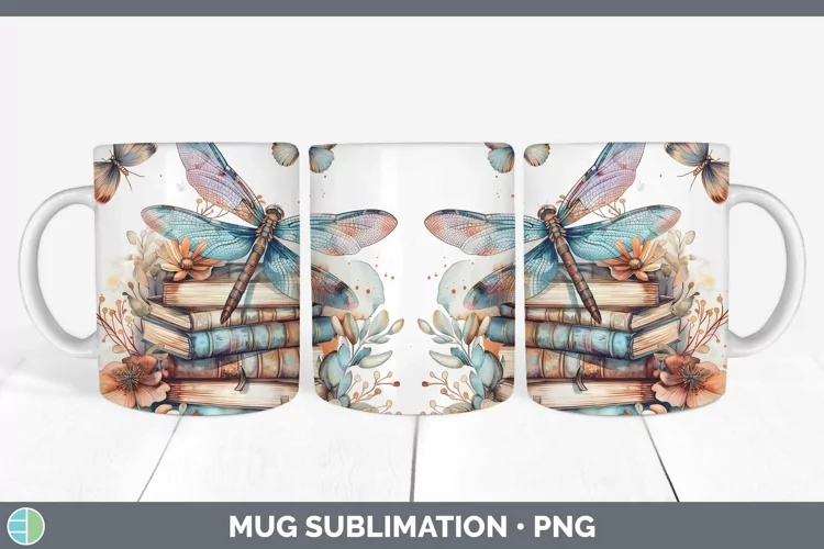 Watercolor Books Dragonfly Mug Wrap Sublimation Coffee Cup D