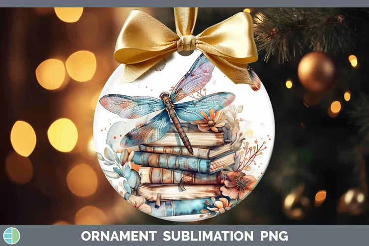 Watercolor Books Dragonfly Ornament Sublimation Bauble Desig