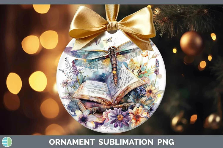 Watercolor Books Dragonfly Ornament Sublimation Bauble Desig