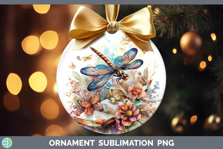 Watercolor Books Dragonfly Ornament Sublimation Bauble Desig