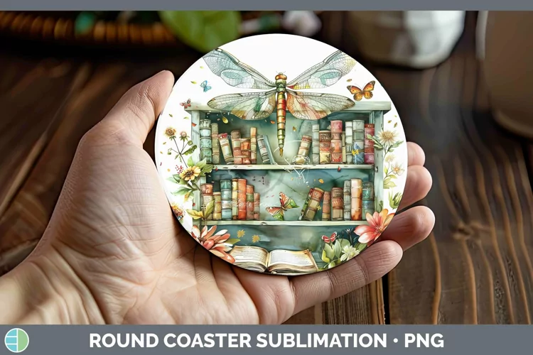 Watercolor Books Dragonfly Round Coaster Sublimation Coaster