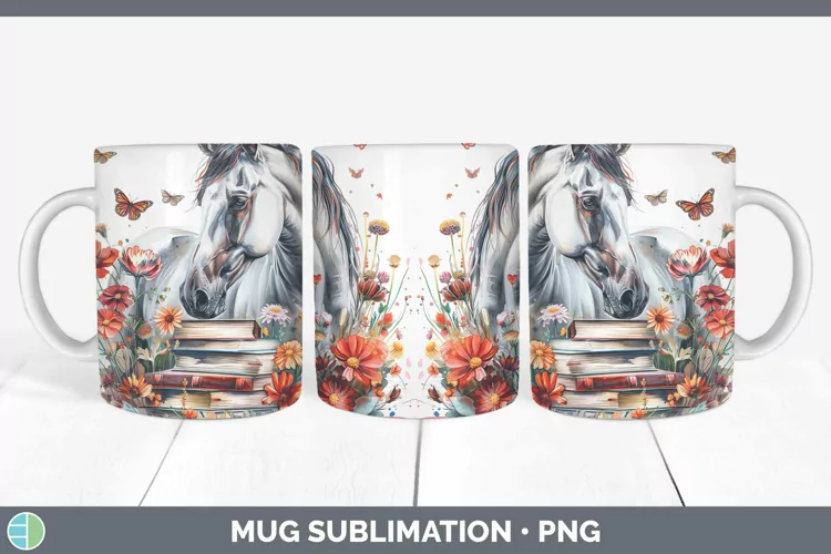 Watercolor Books Horse Mug Wrap Sublimation Coffee Cup Desig