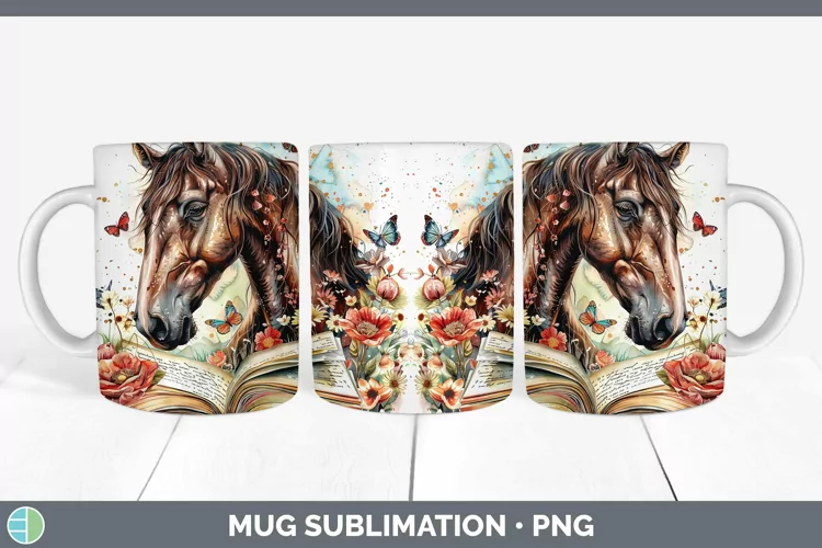 Watercolor Books Horse Mug Wrap Sublimation Coffee Cup Desig
