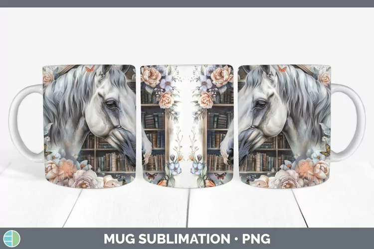 Watercolor Books Horse Mug Wrap Sublimation Coffee Cup Desig