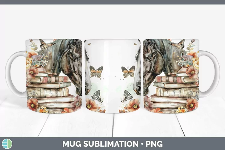 Watercolor Books Horse Mug Wrap Sublimation Coffee Cup Desig