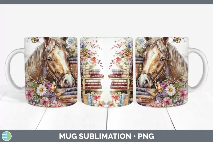 Watercolor Books Horse Mug Wrap Sublimation Coffee Cup Desig