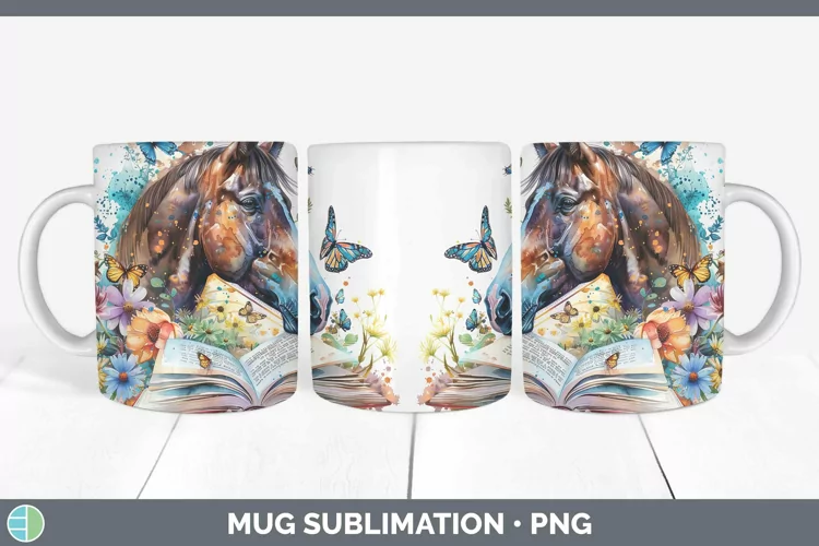 Watercolor Books Horse Mug Wrap Sublimation Coffee Cup Desig