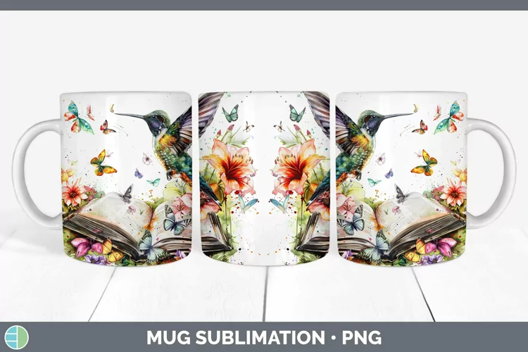 Watercolor Books Hummingbird Mug Wrap Sublimation Coffee Cup