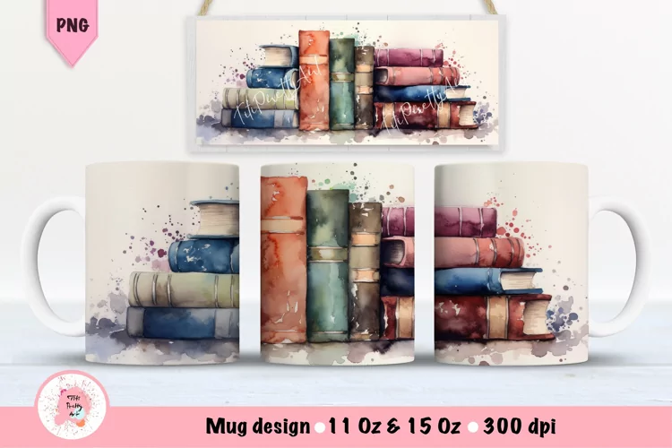 Watercolor Books Mug Wrap For 11 oz and 15 oz