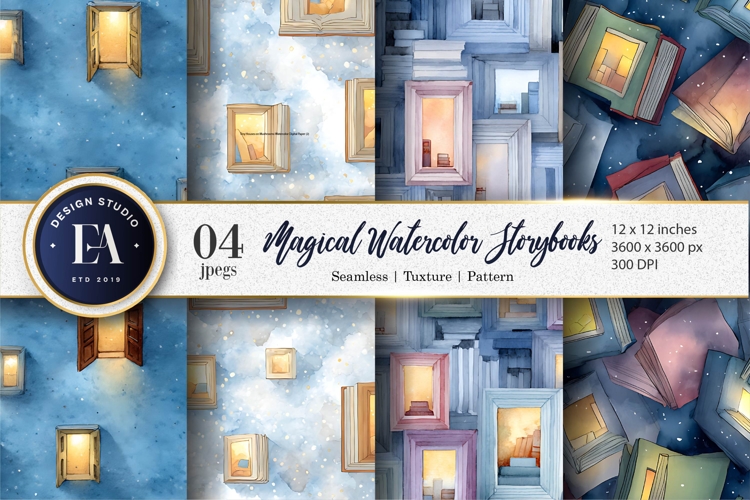 Fantasy Watercolor Books with Shining Glow Digital Paper