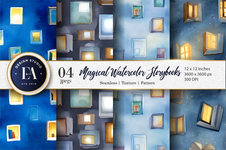Fantasy Watercolor Books with Shining Glow Digital Paper