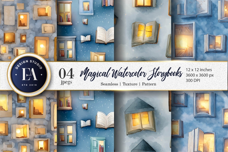 Watercolor Books Opening to Glowing Scenes Digital Paper