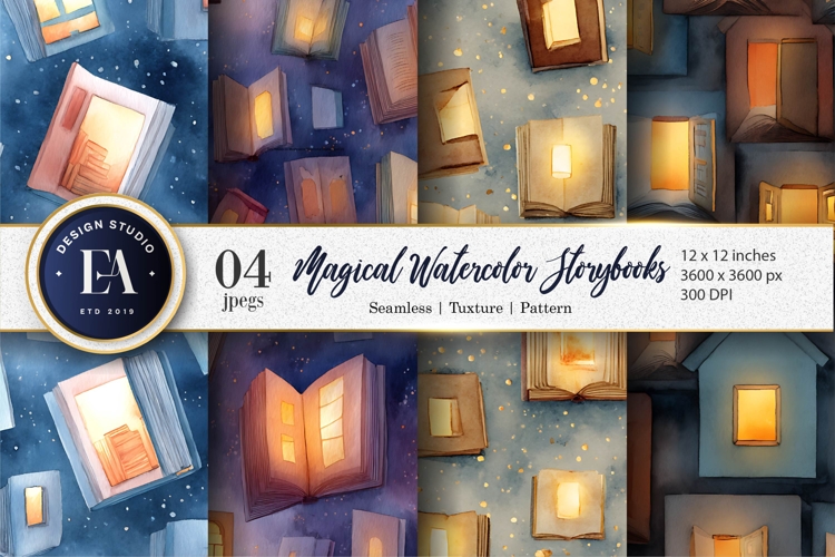 Fantasy Watercolor Books with Shining Glow Digital Paper