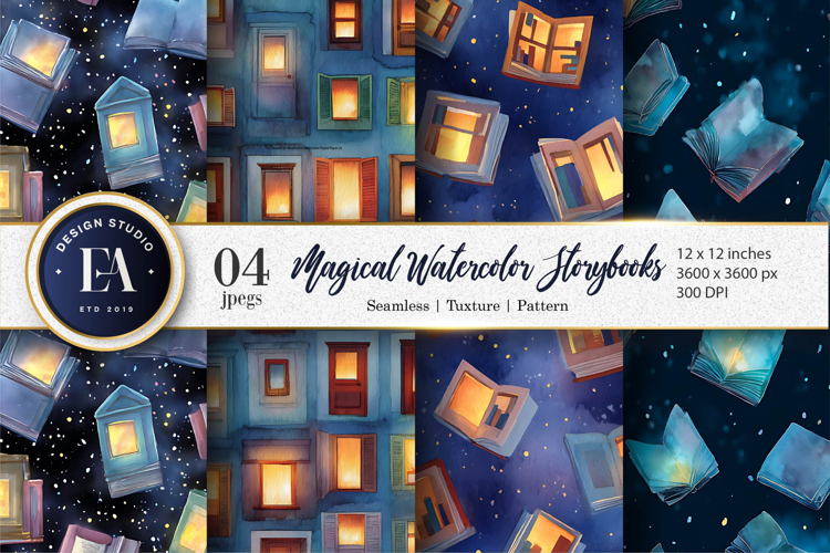 Watercolor Books Opening to Glowing Scenes Digital Paper